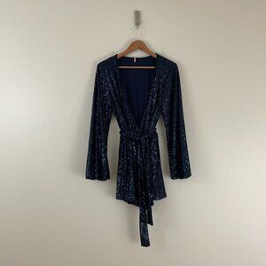 Free People Christa Navy Sequin Belted Wrap Romper Size Small